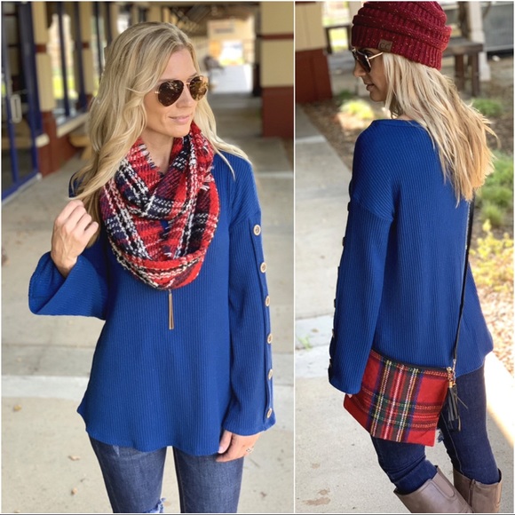 LAST ONE✨Blue button trim sleeve ribbed knit tunic - Picture 2 of 2